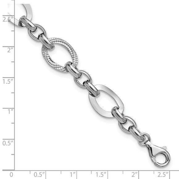 925 Sterling Silver RH-plat Polish/Textured Fancy Link w/1.25in ext. Bracelet